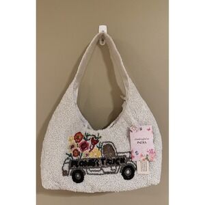 Handcrafted in India Flower Truck Butterfly Beaded Bag White NWT